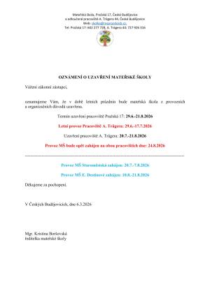 Oznámeni o uzavření MŠ o letních prázdninách